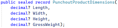 PunchoutProductDimensions record