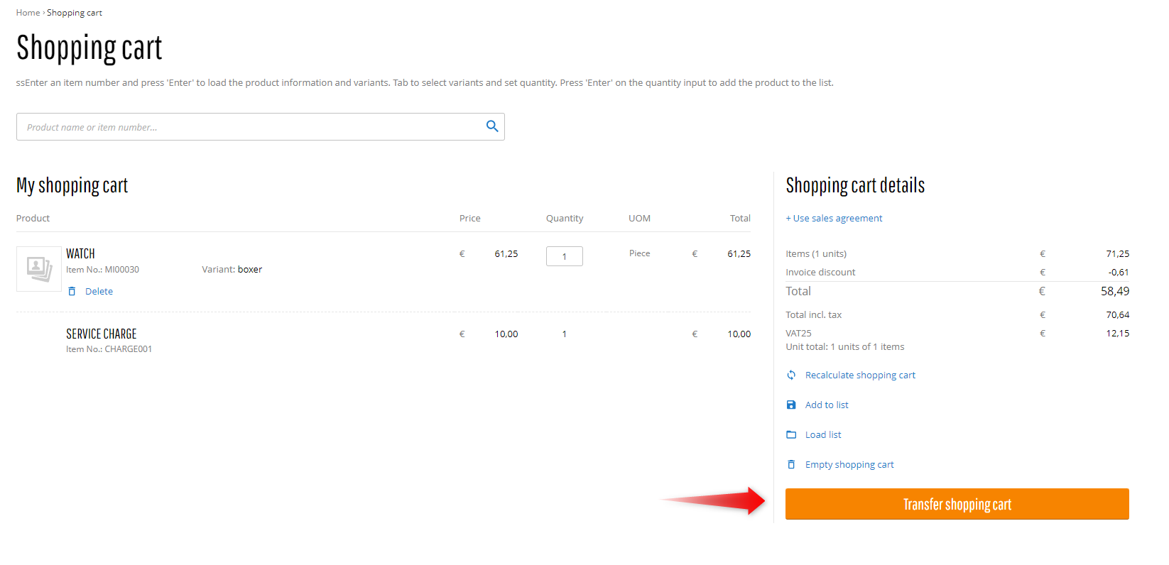Example of the "Transfer shopping cart" button